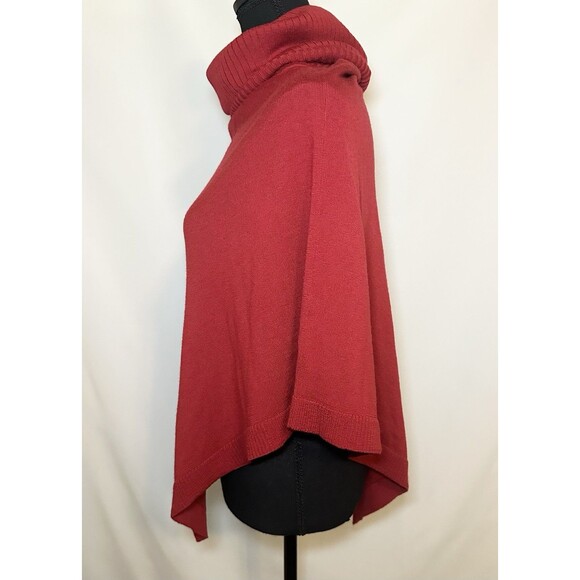 EILEEN FISHER Merino Wool Red Turtle-Neck Asymmetrical Poncho Sweater Women's OS - Picture 2 of 9